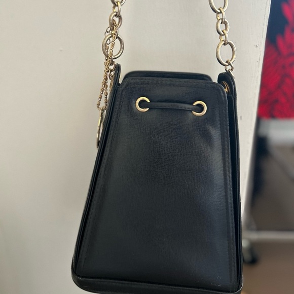 Small Black Crossbody Bag with Gold Accents and Drawstring Closure - Picture 4 of 13